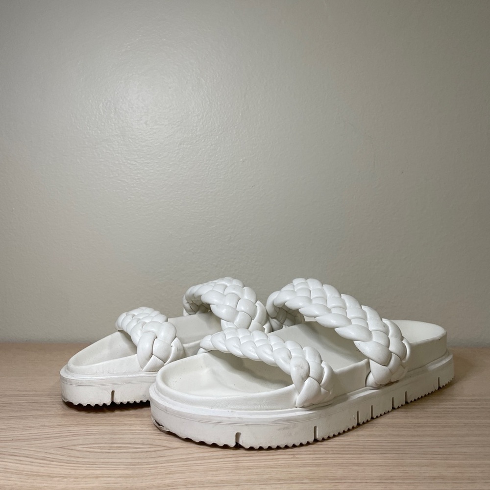 Women Aqua White Slip On Slides Sandals Slippers